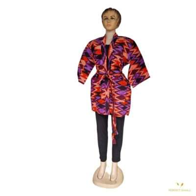 African Dashiki Coat for Women Short Sleeve with Pockets and Belt