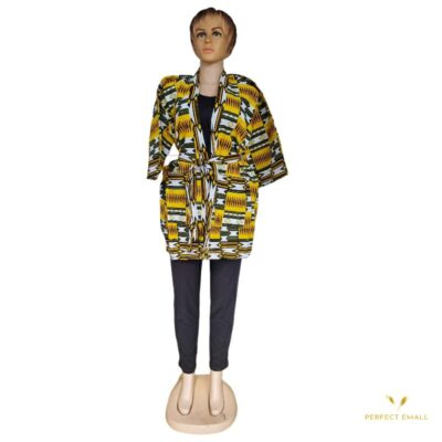 Short Sleeve Kitenge Coats for Ladies African Women’s Dashiki Coat with Belt