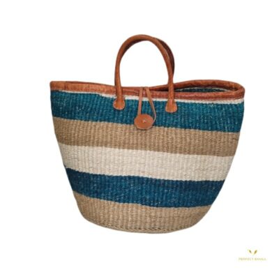 African Woven Sisal Basket, HandWoven Market Basket Leather Handles