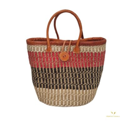 African Woven Sisal Basket, HandWoven Market Basket Leather Handles