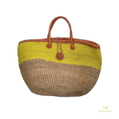 African Woven Shoulder and HandBag, Leather Handle,Yellow