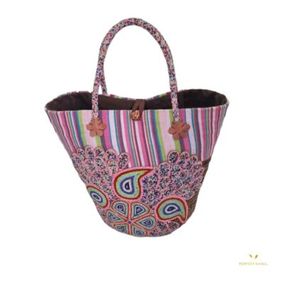 African Large Elliptical Tote Bag With Bead Handle and Design