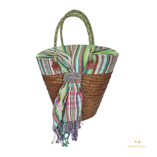 African Tote Bag With Bead Handle and Banana Twine,Green